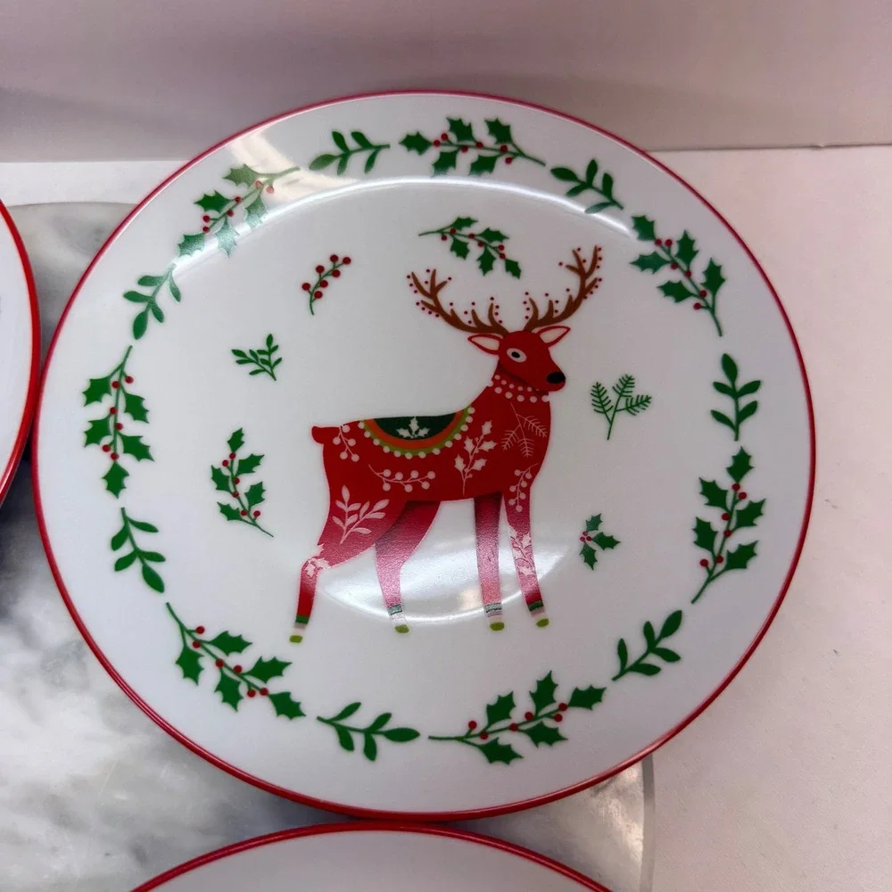 Bee & Willow Christmas Appetizer Plates Set of 4 Reindeer Tree Snowflake 7in